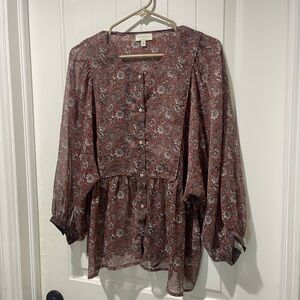 Lucky Brand Sheer Floral Blouse in Brown and White